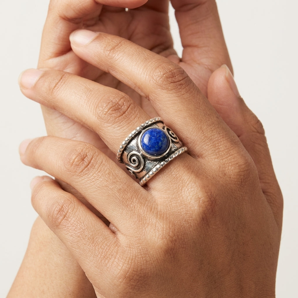 Handcrafted Kashi Antique Silver Ring with Lapis