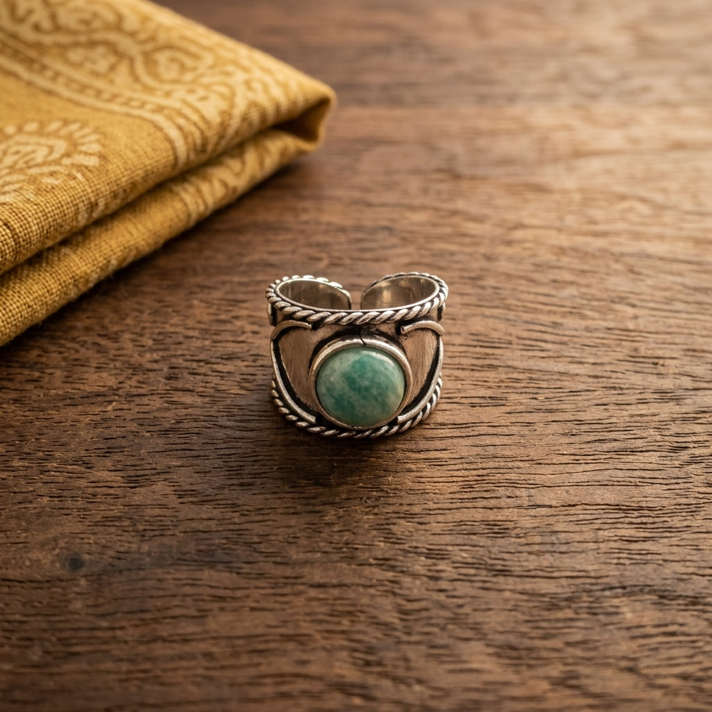 Handcrafted Kashi Antique Silver Ring with Amazonite