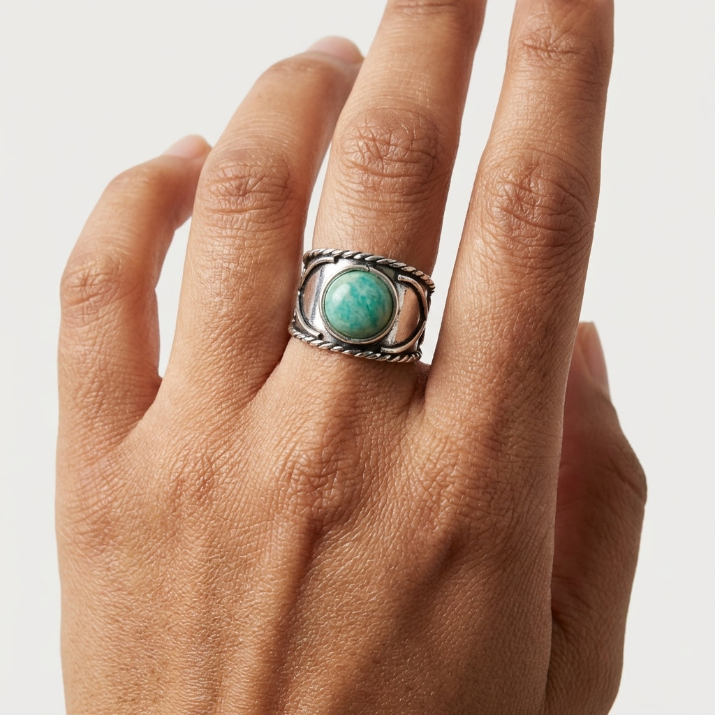 Handcrafted Kashi Antique Silver Ring with Amazonite