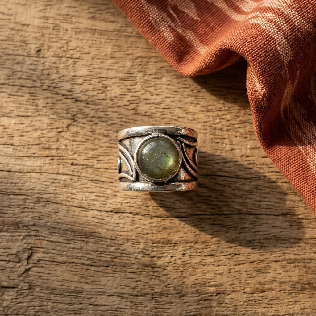 Handcrafted Kashi Antique Silver Ring with Labradorite