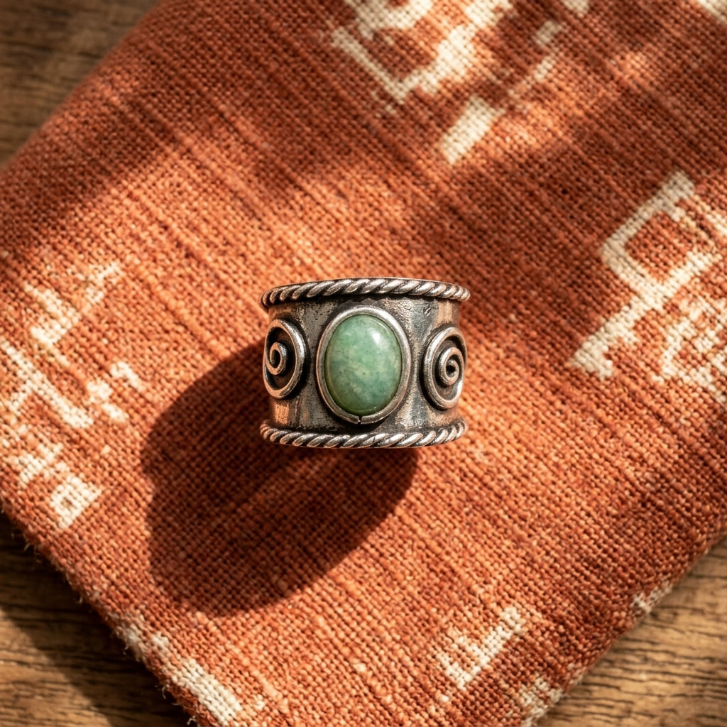 Handcrafted Kashi Antique Silver Ring with Amazonite