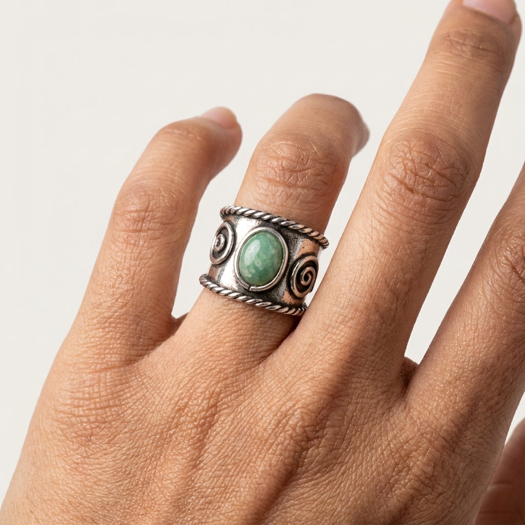 Handcrafted Kashi Antique Silver Ring with Amazonite