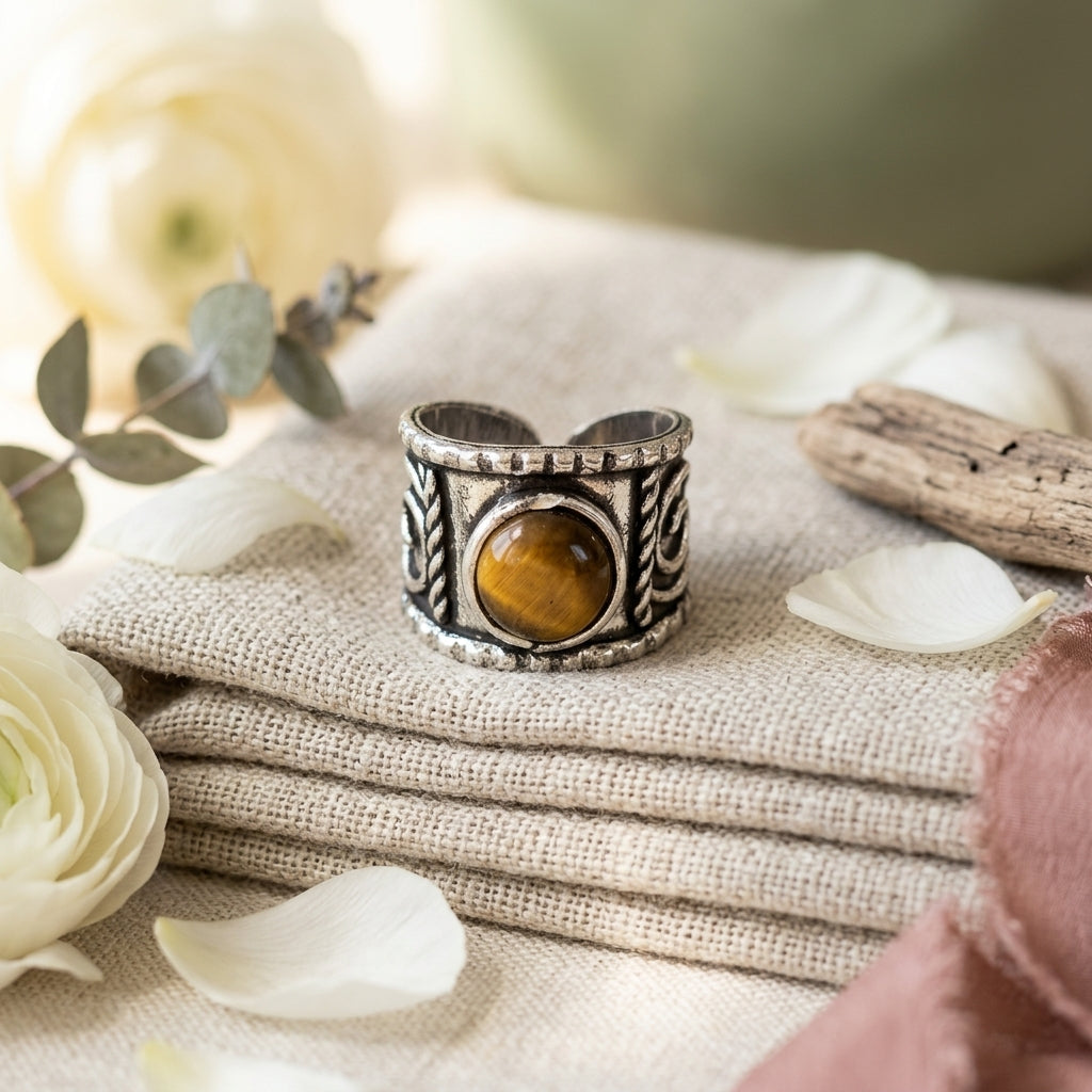 Handcrafted Kashi Antique Silver Ring with Tiger's Eye