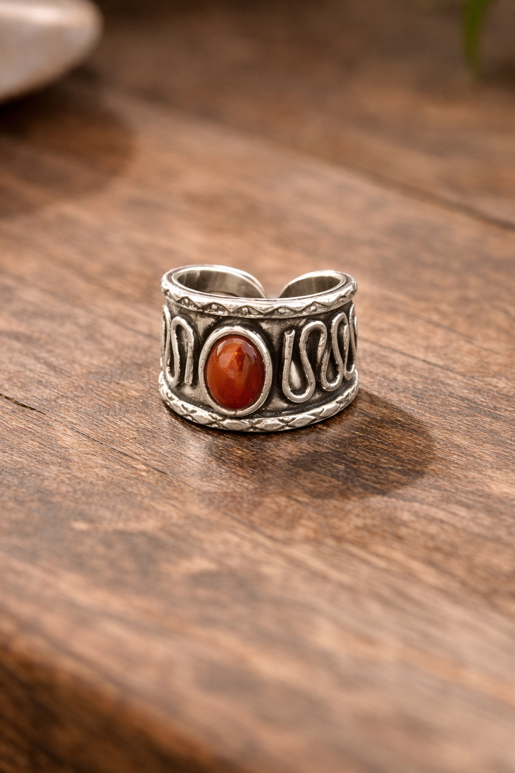 Handcrafted Kashi Antique Silver Ring with Red Onyx