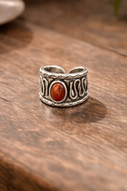 Handcrafted Kashi Antique Silver Ring with Red Onyx