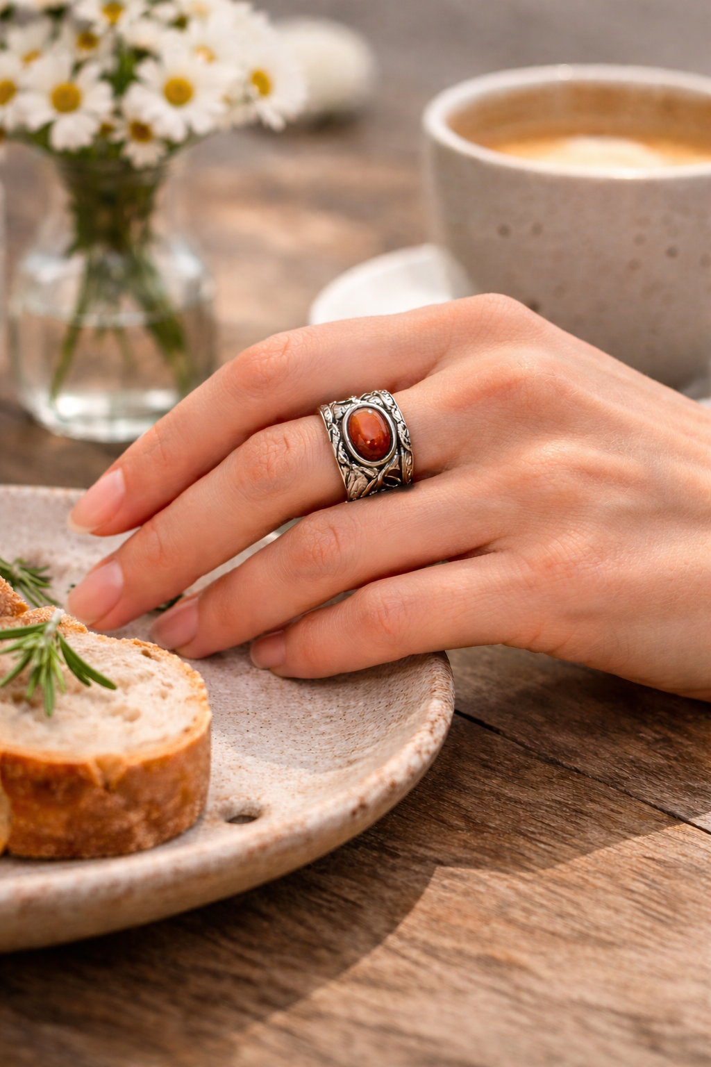 Handcrafted Kashi Antique Silver Ring with Red Onyx