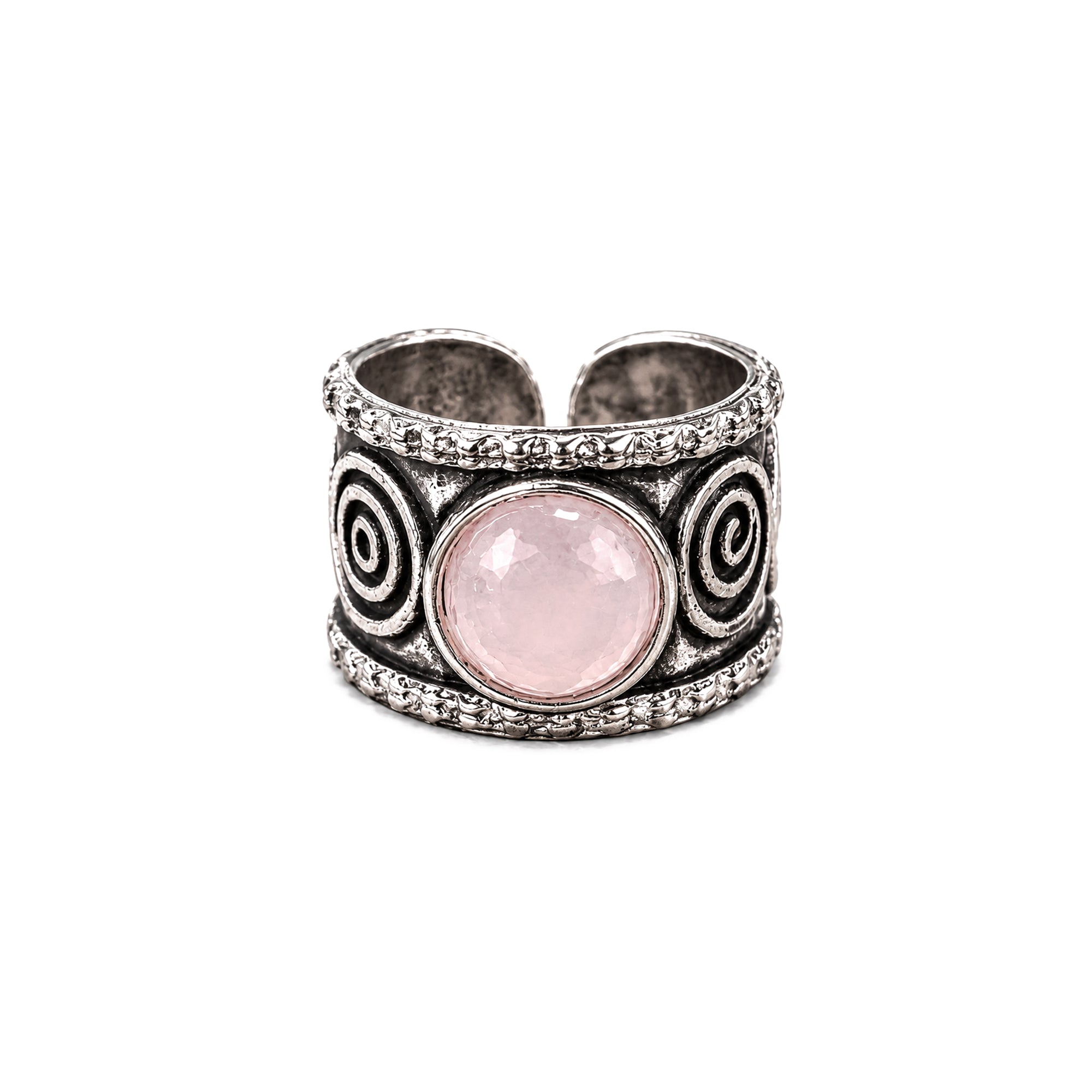 Handcrafted Kashi Antique Silver Ring with Rose Quartz