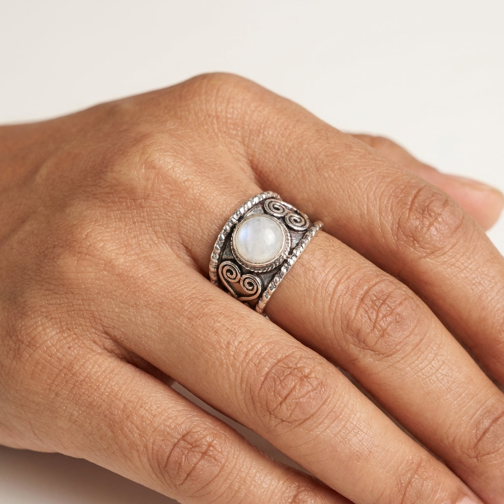 Handcrafted Kashi Antique Silver Ring with Moonstone
