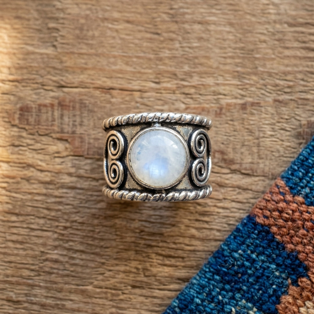 Handcrafted Kashi Antique Silver Ring with Moonstone