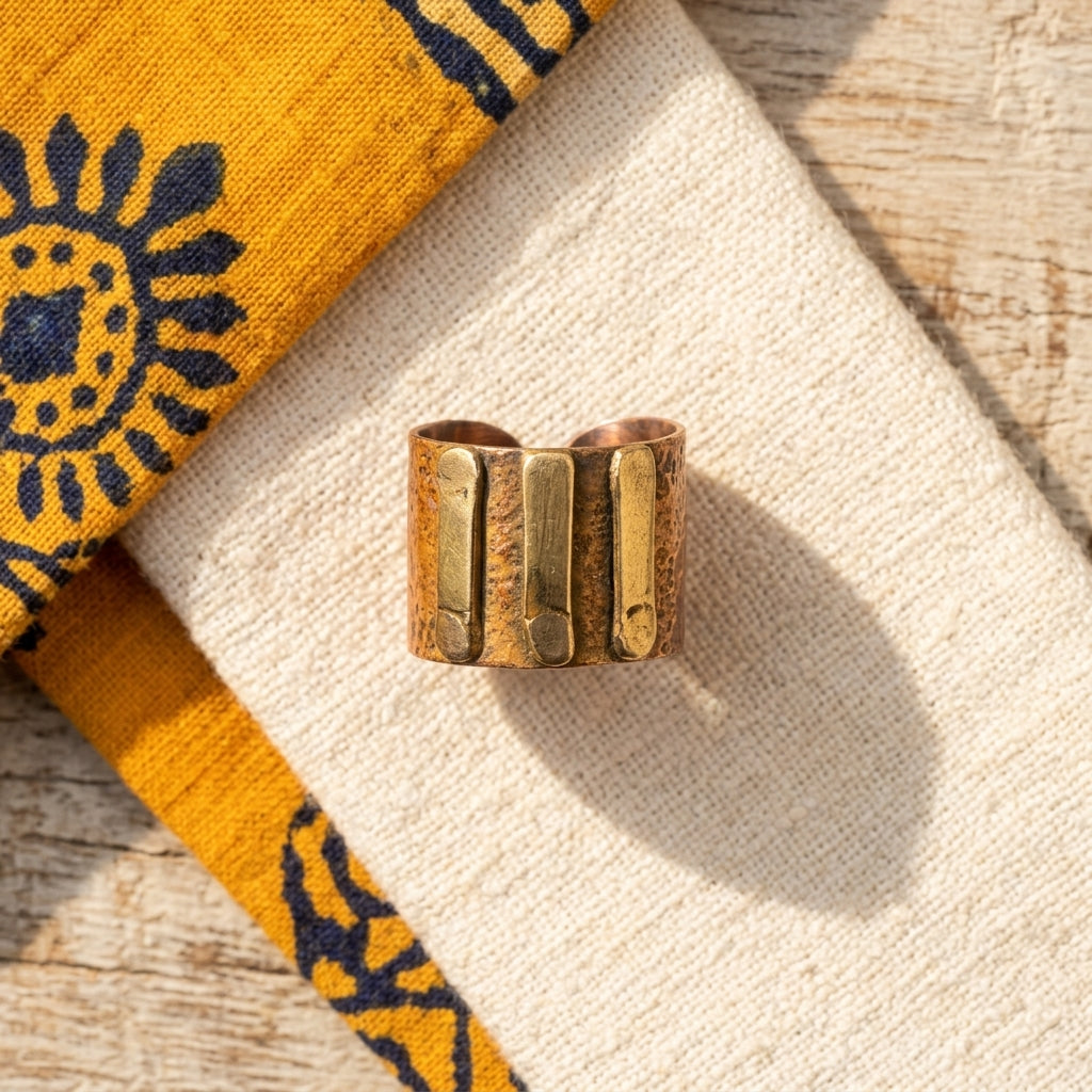 Copper Patina Handcrafted Ring - Rustic Orange Stripes