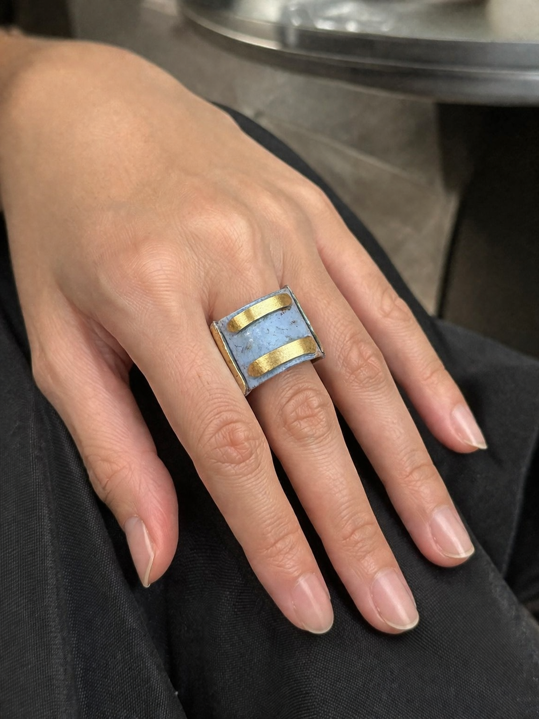 Copper Patina Handcrafted Ring - Blue Bars