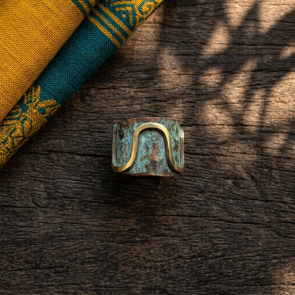 Copper Patina Handcrafted Ring - Oxidized Blue Wave