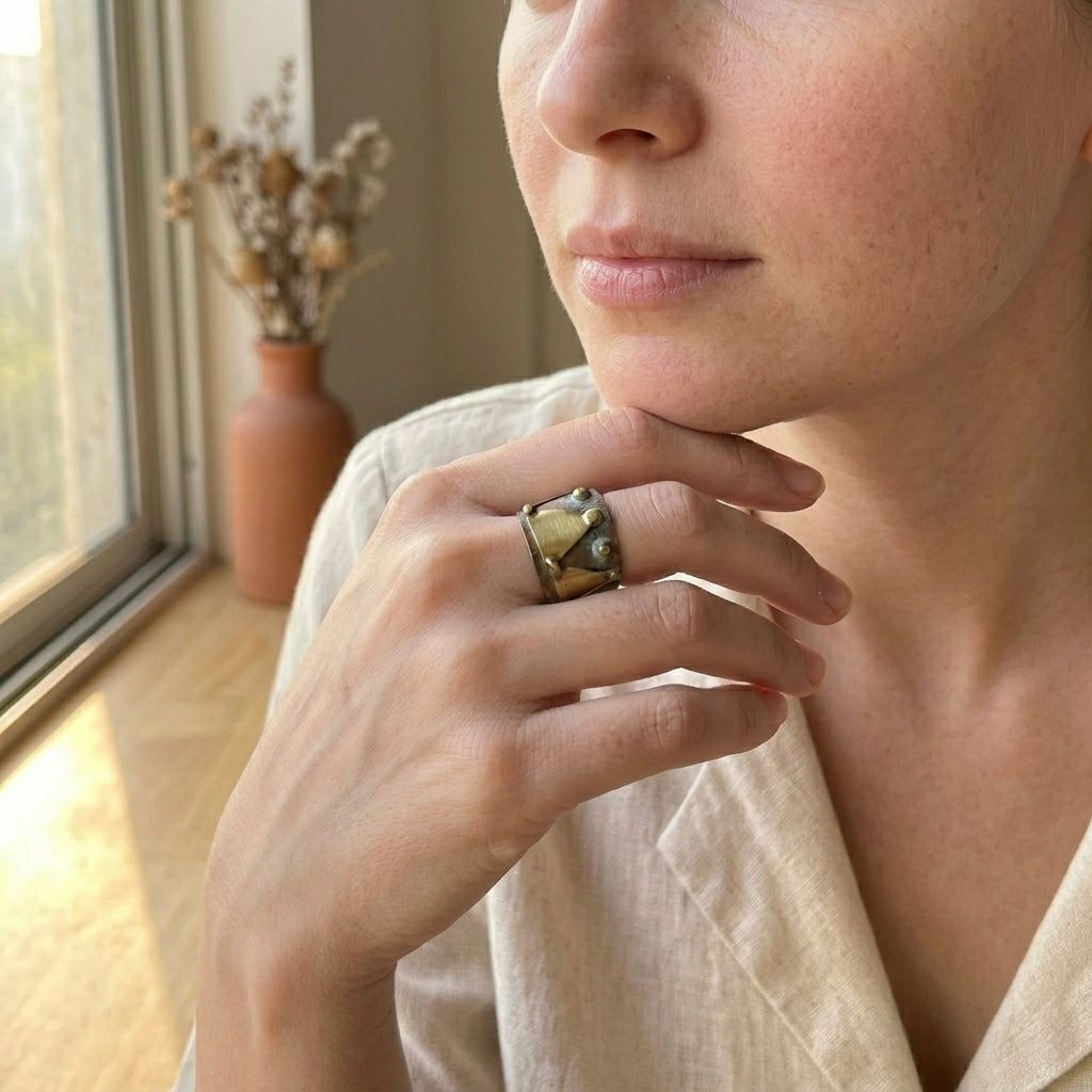 Copper Patina Handcrafted Ring - Turquoise Triangle