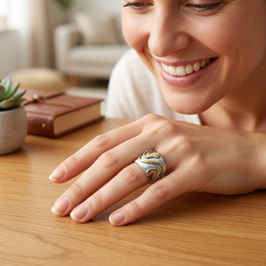 Copper Patina Handcrafted Ring -  Ivory Chevron
