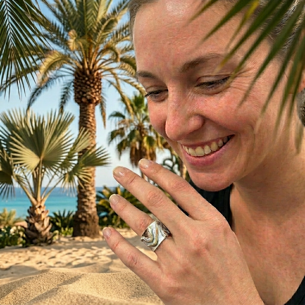 Copper Patina Handcrafted Ring -  Ivory Chevron
