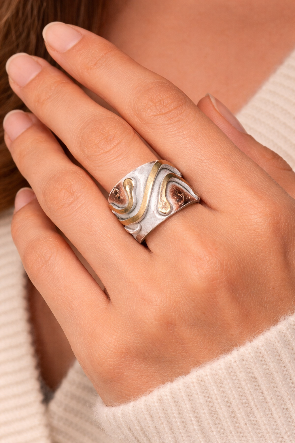 Copper Patina Handcrafted Ring -  Ivory Chevron