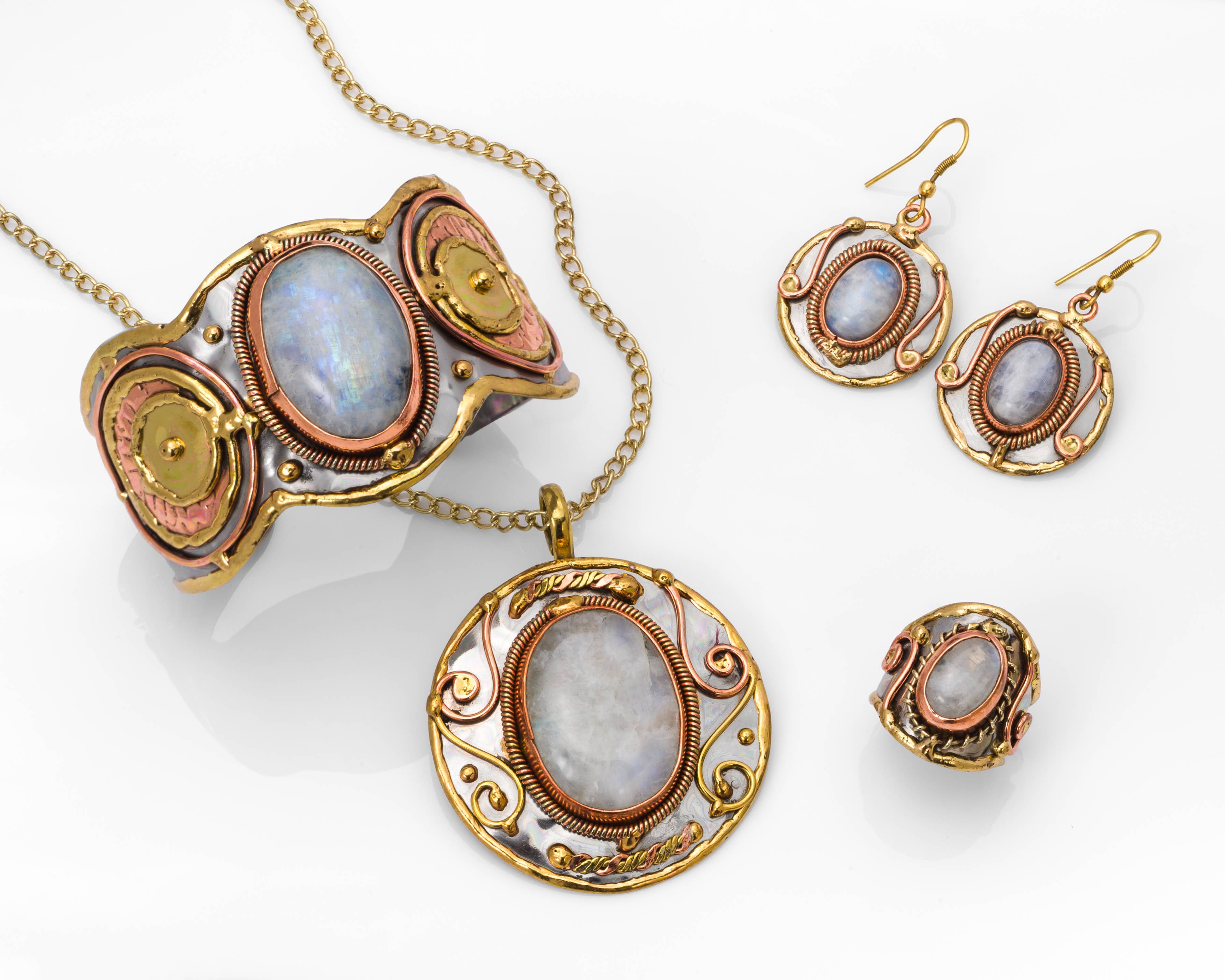 Mixed Metal and Rainbow Moonstone Stone Earrings