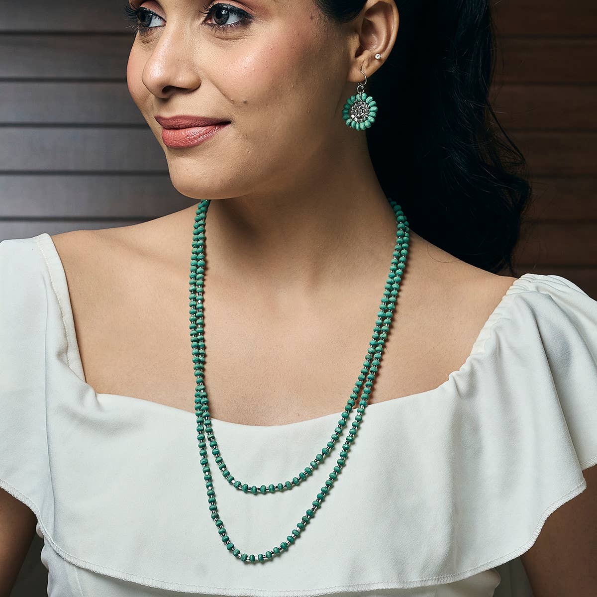 Sachi Long Wood Bead Necklace - Sea Green