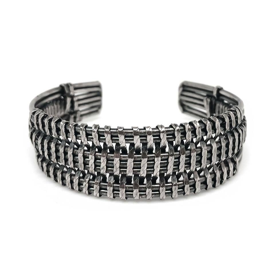 Basketweave Antique Silver Chain and Flat Wire Woven Cuff