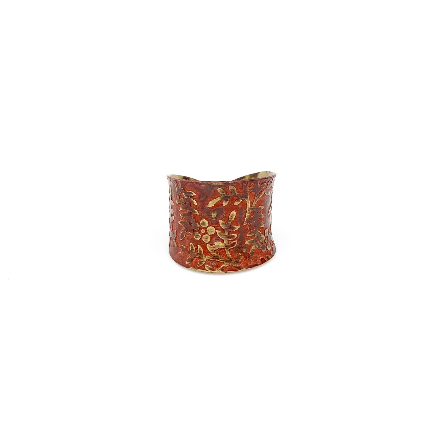 Brass Patina Ring - Red Orange Brass Floral Vines Allover