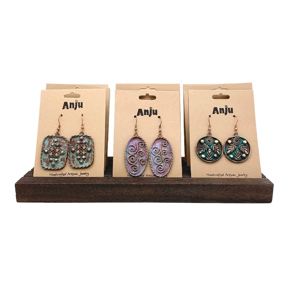 Vintage Copper Patina Earrings and Wooden Display Prepack