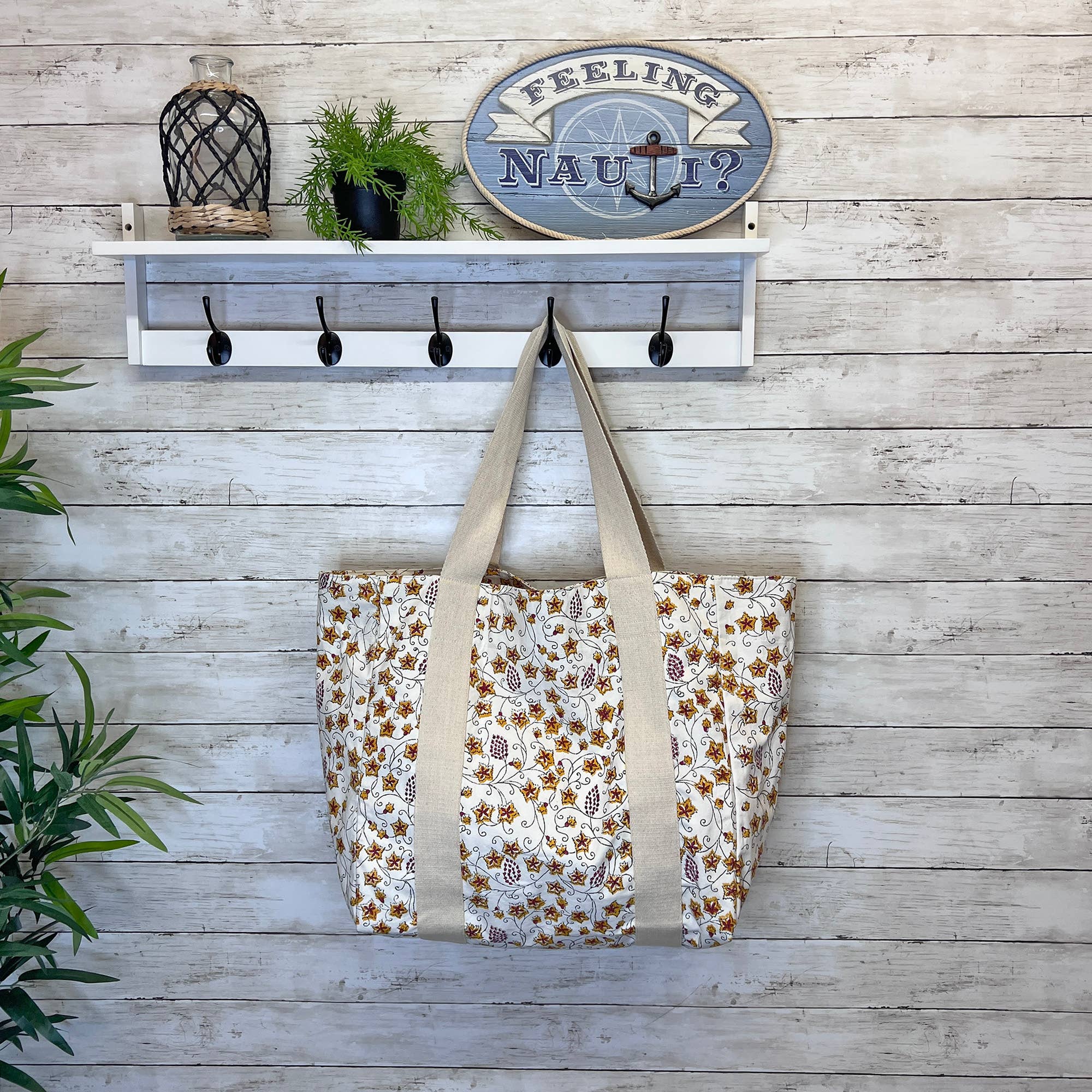 Handcrafted Canvas Bag with Block-Printed Star Flower Vines