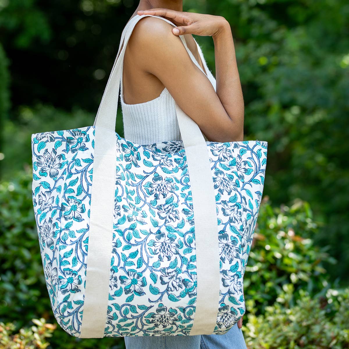 Handcrafted Canvas Bag with Block-Printed Blue Thistle