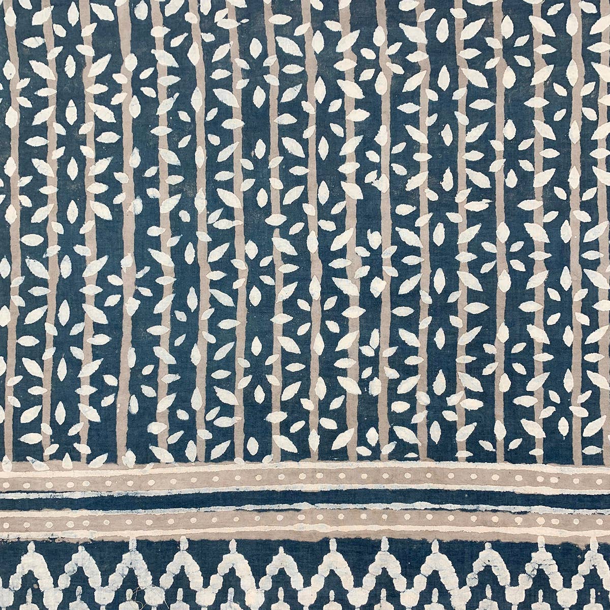 Block Printed Cotton Scarf - Navy and Taupe Leafy Stripes