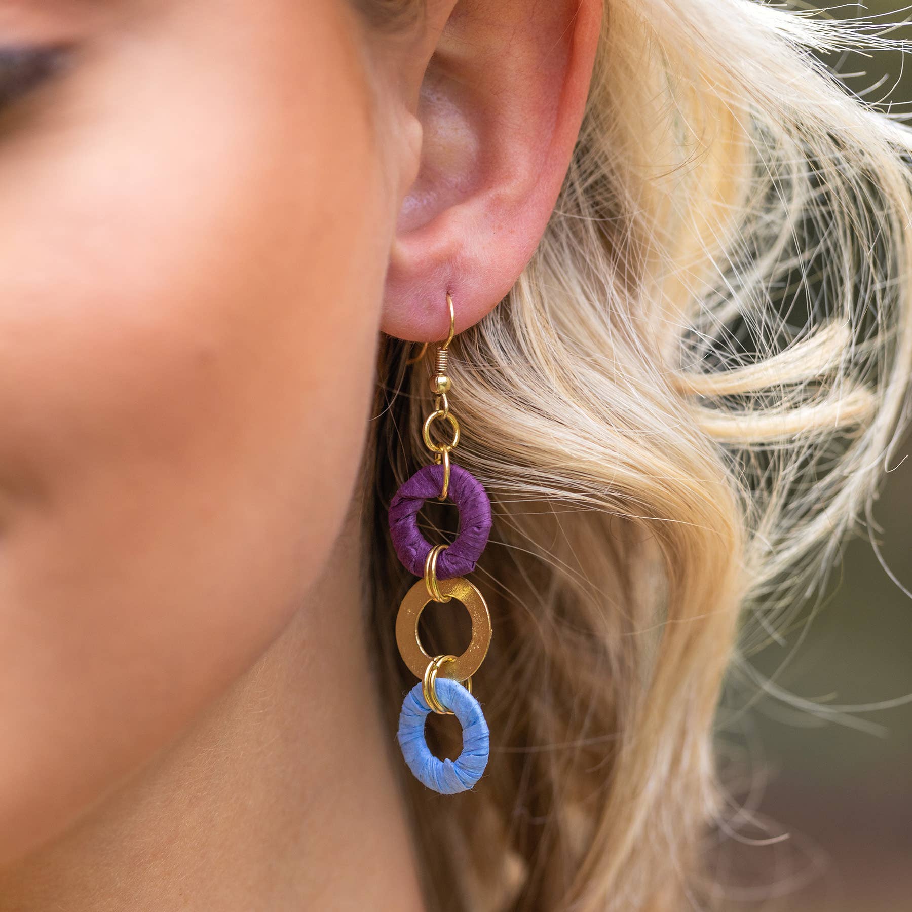 Sachi Raffia Rings Earrings - Purple and Blue Small Rings