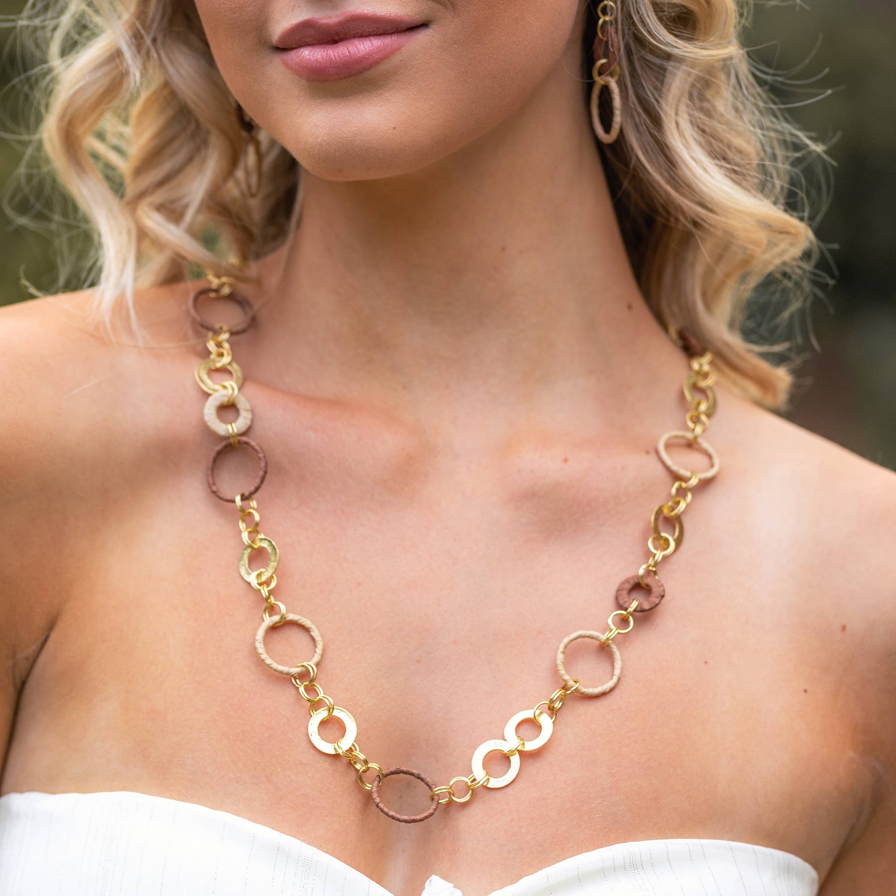 Sachi Raffia Rings Necklace - Tan Large and Small Rings