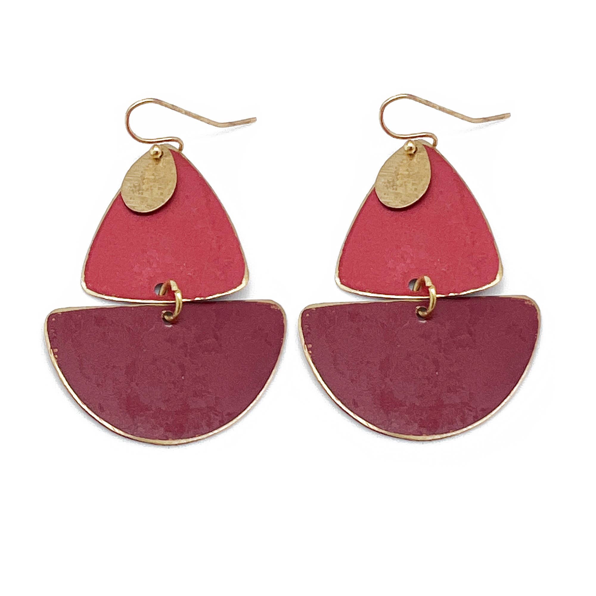 Brass Patina Earrings - Pink Abstract Shapes