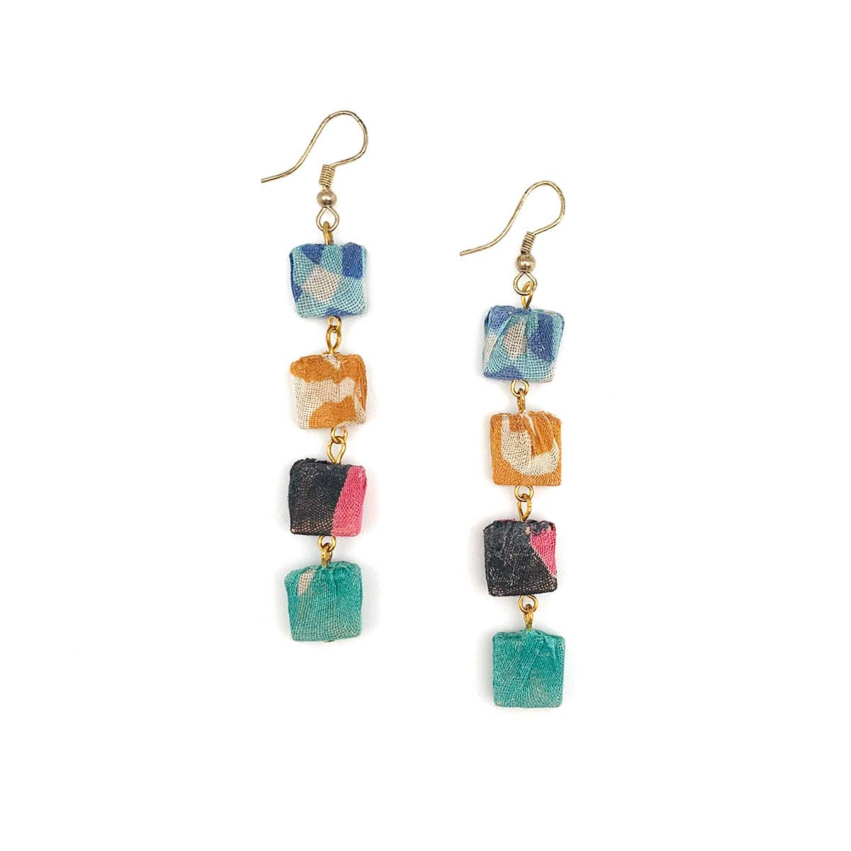 Aasha Kantha Four Cascading Square Beads Drop Earrings
