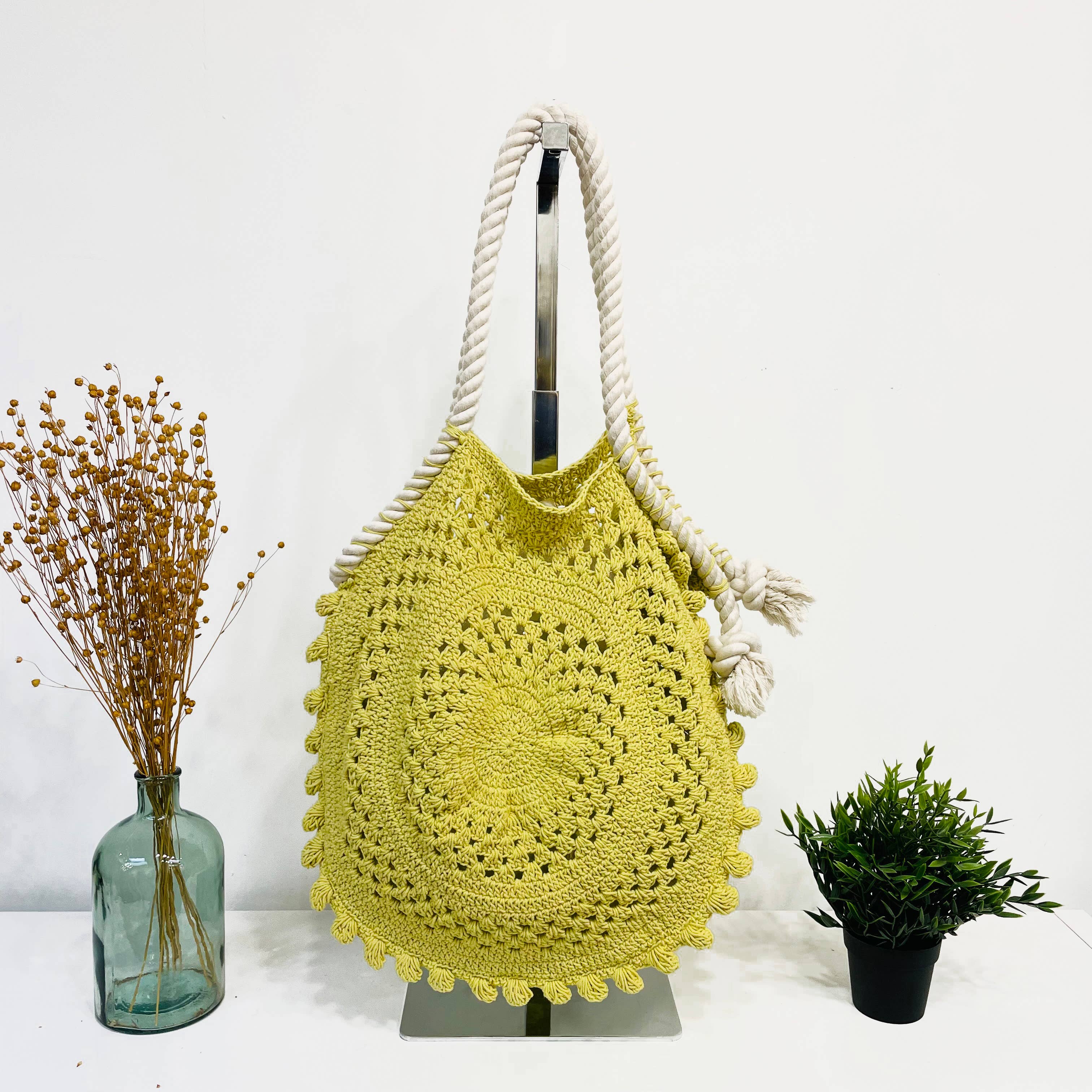 Nina Bag - Knitted Cotton Bag with Rope Handles - Yellow