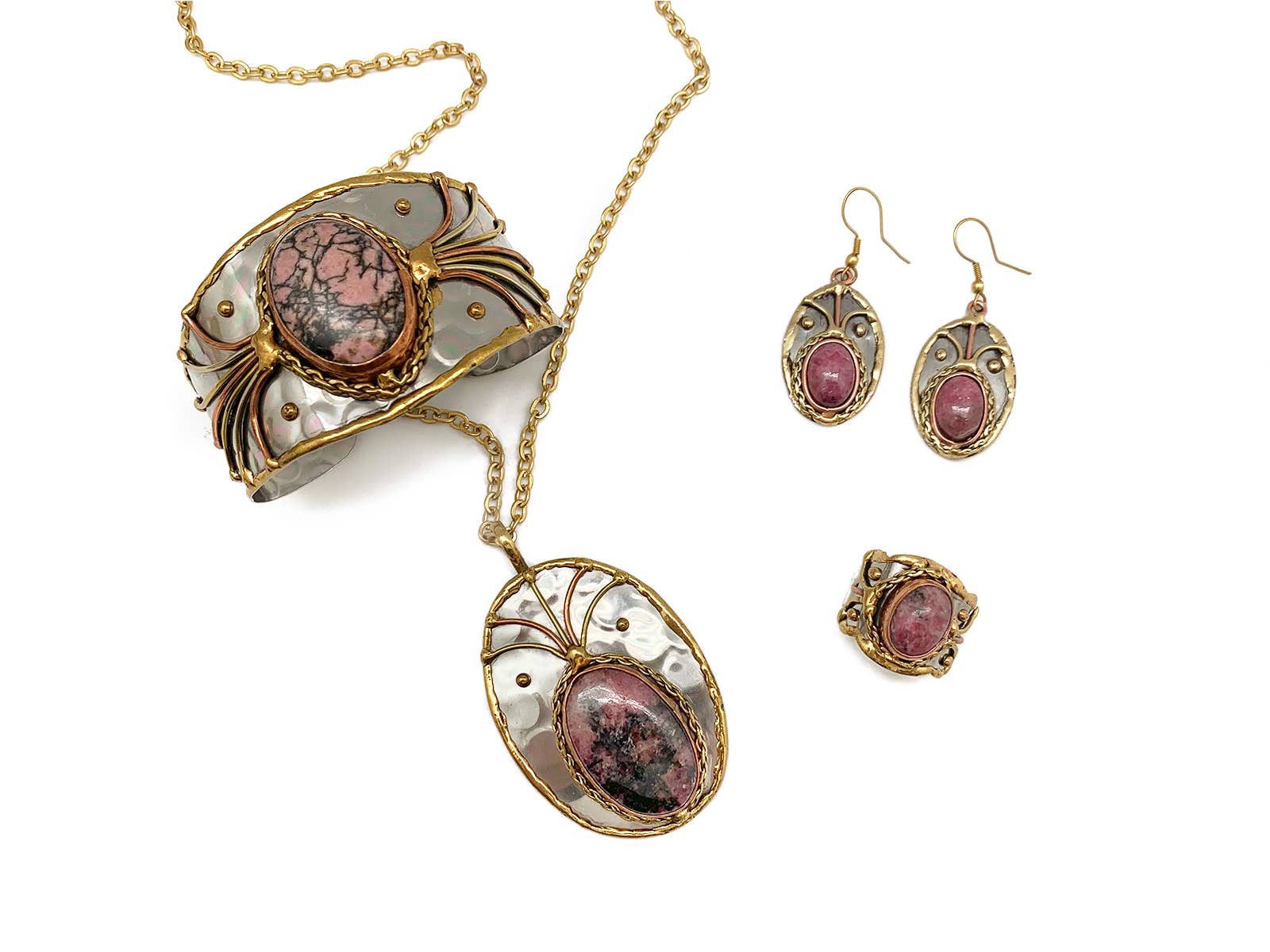 Mixed Metal and Rhodonite Stone Earrings