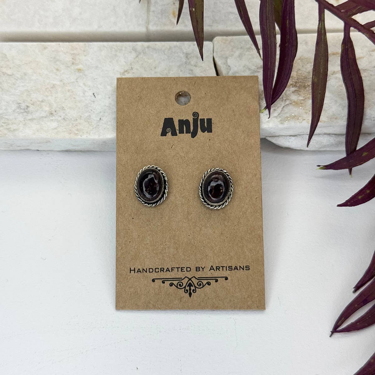 Handcrafted Kashi Semiprecious Stone Post Earrings - Garnet