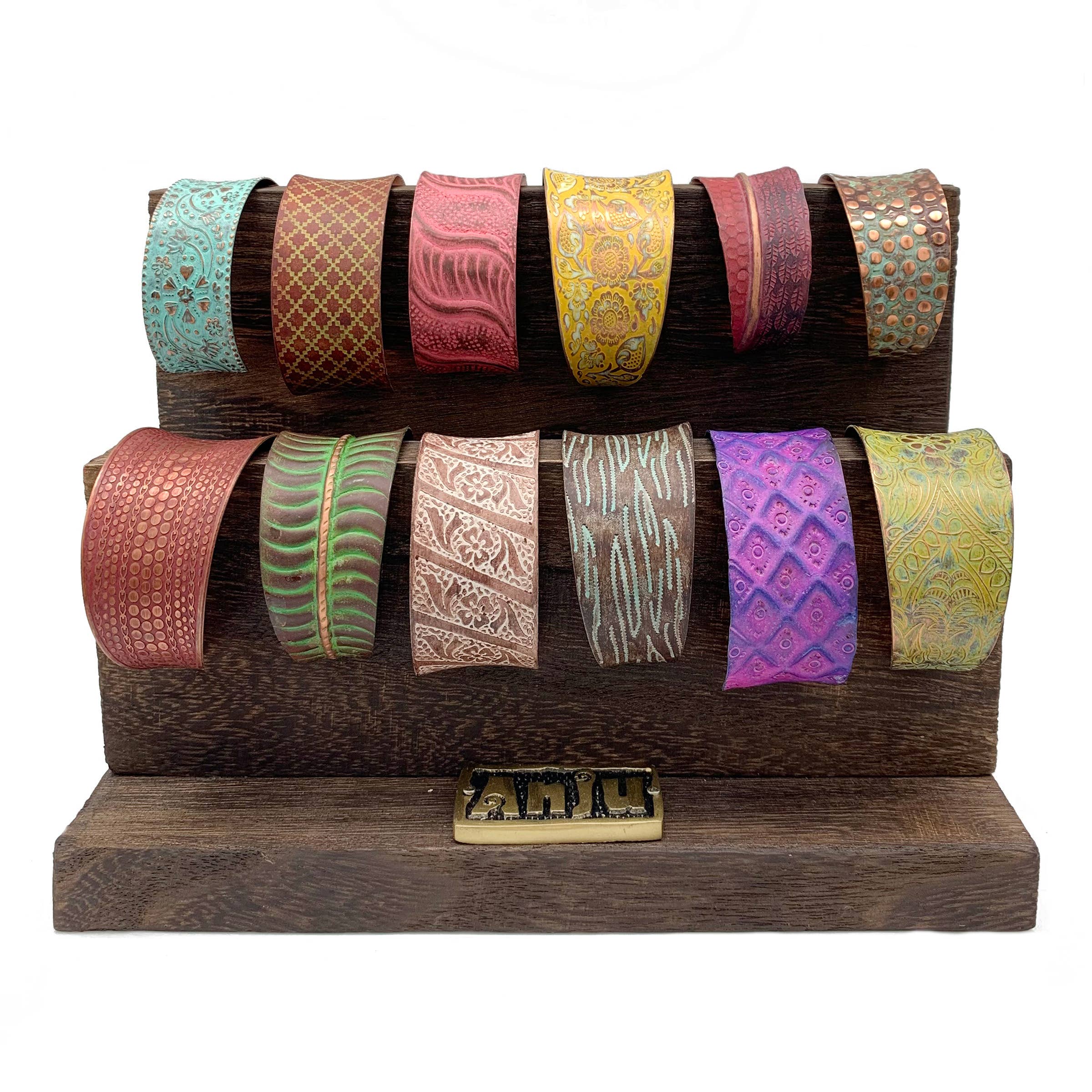 Copper Patina 12 Bracelets and Wooden Display