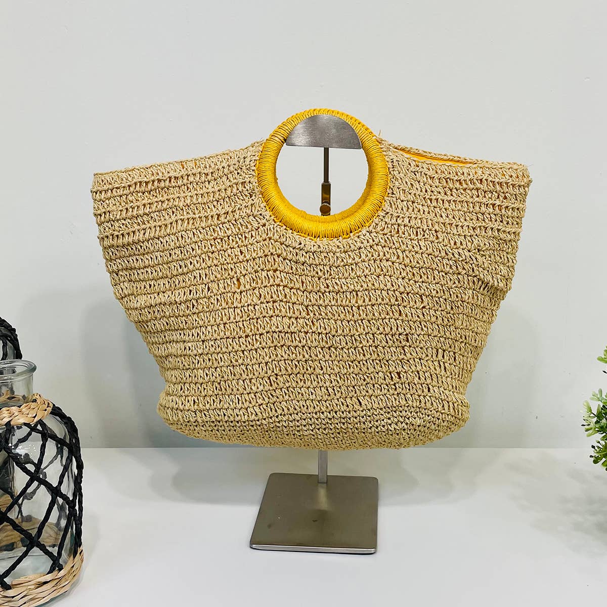 Cali Basket Raffia Bag with Colorful Wrapped Wooden Handle - Yellow