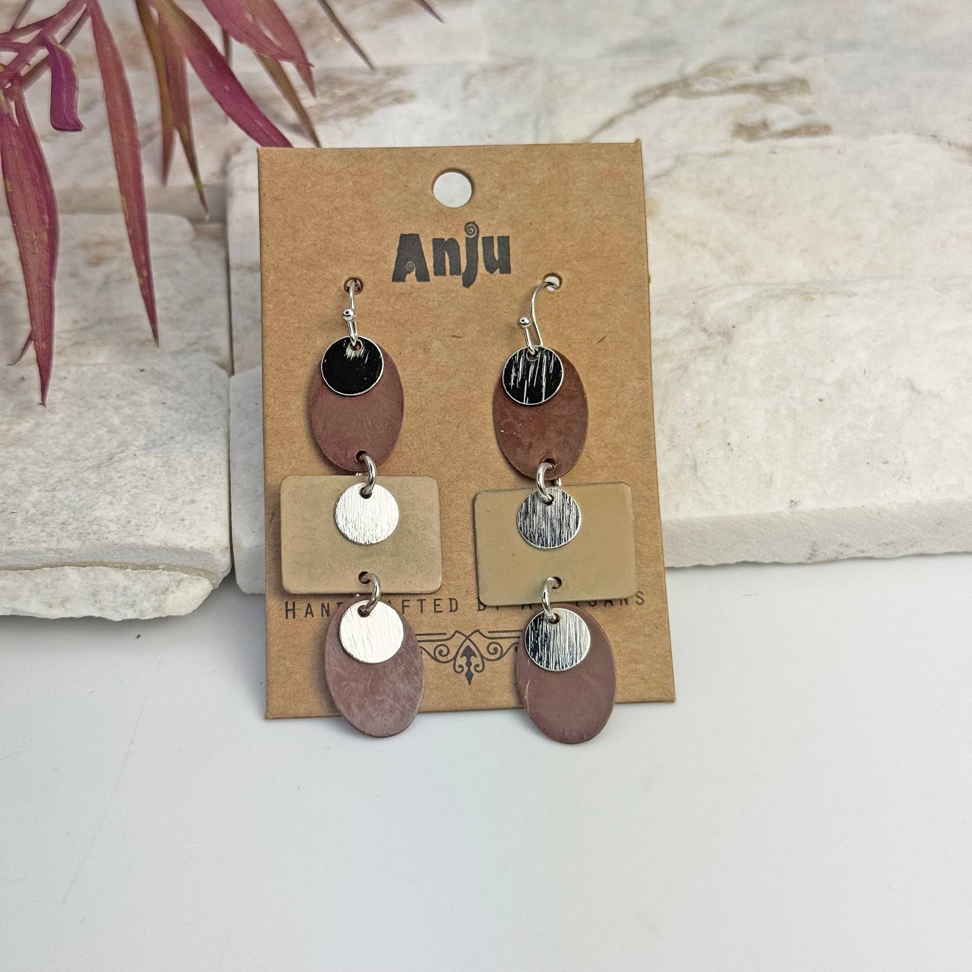 Handcrafted Earth Tone Patina Stacked Geometric Earrings