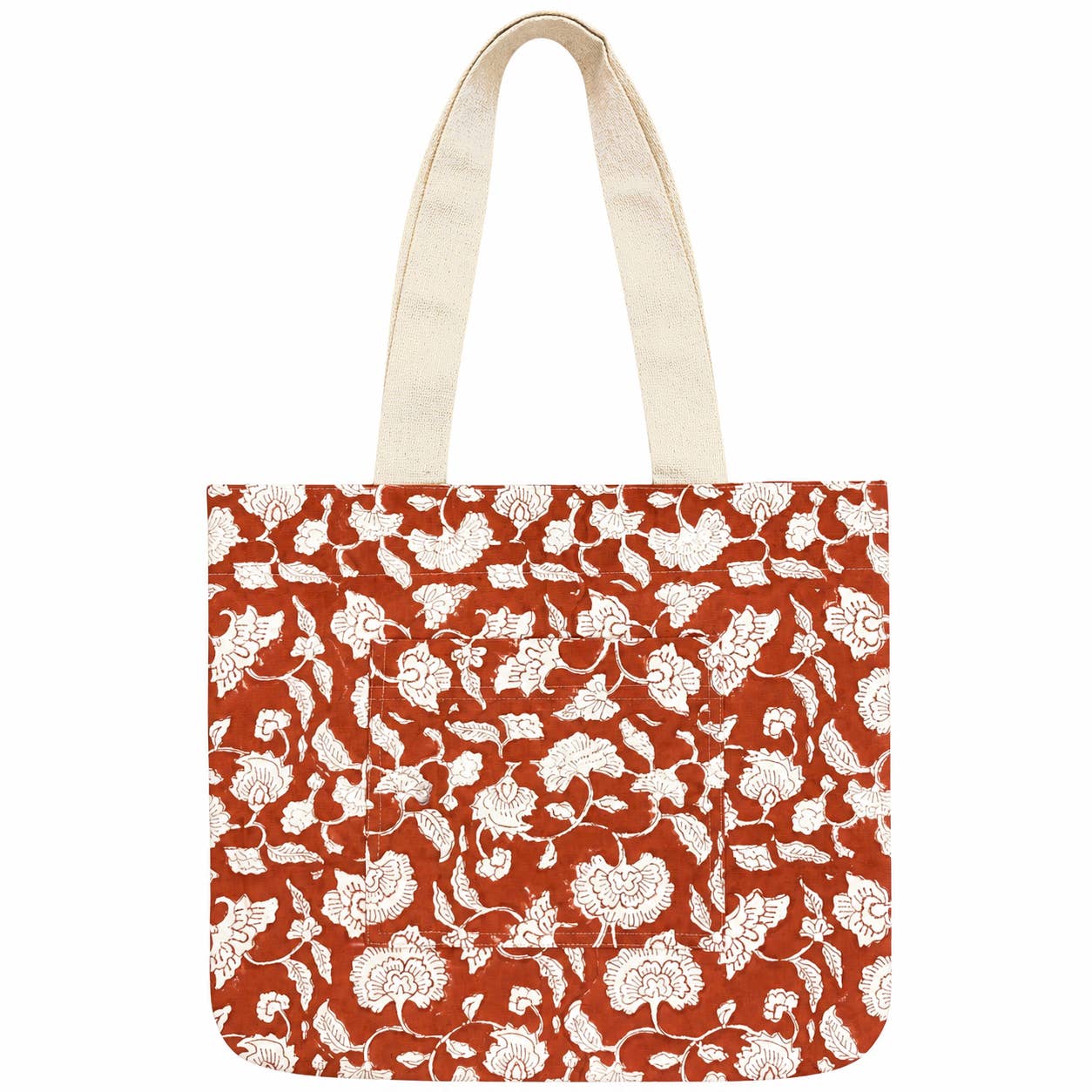 Handcrafted BlockPrinte Canvas Pocket Tote Orange FlowerBed