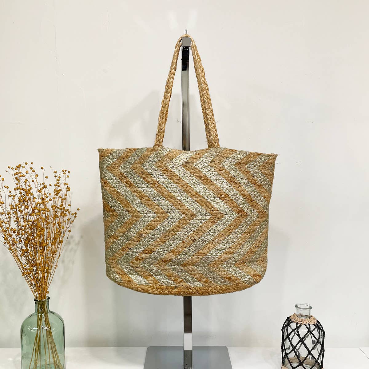 Luna Bag - Jute tote bag with gold chevron accents