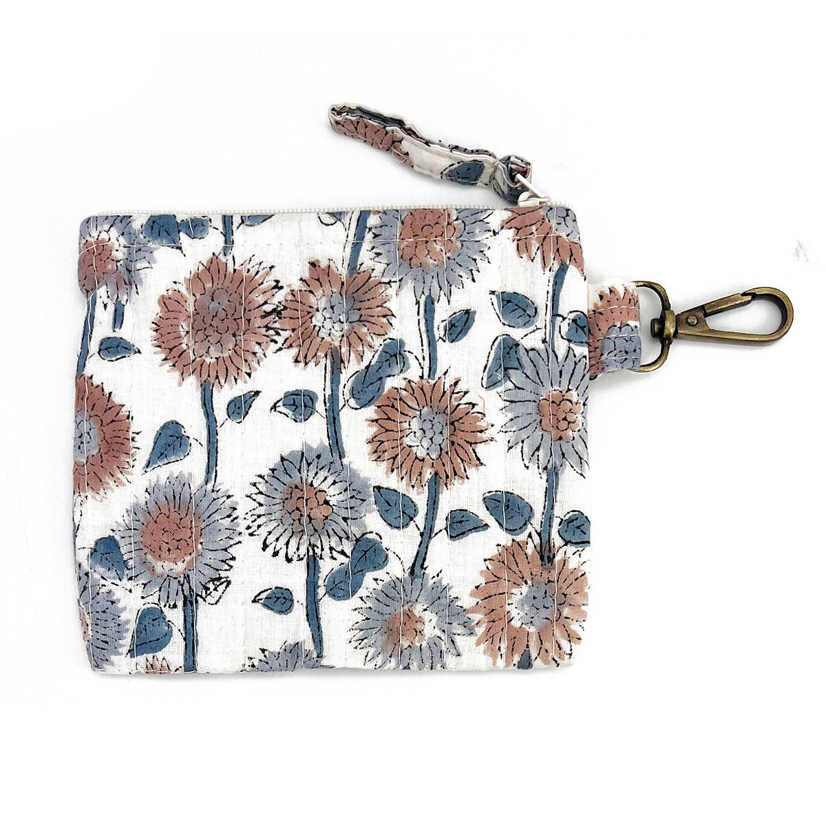 Quilted Block-Printed Travel Pouch - Teal Dandelion