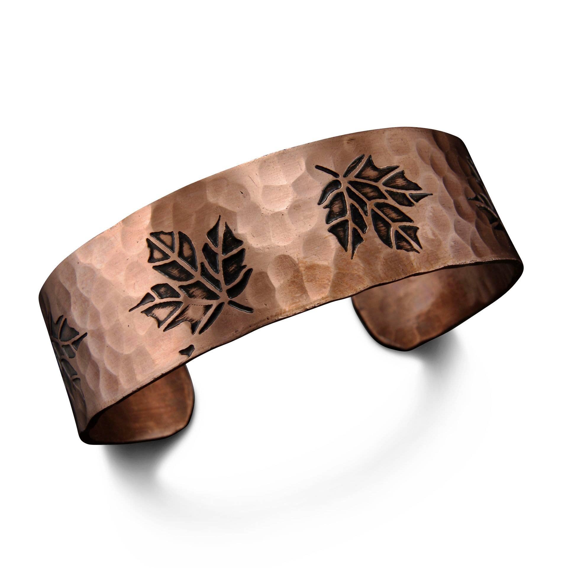 Maple Leaves Copper Engraved Cuff Bracelet