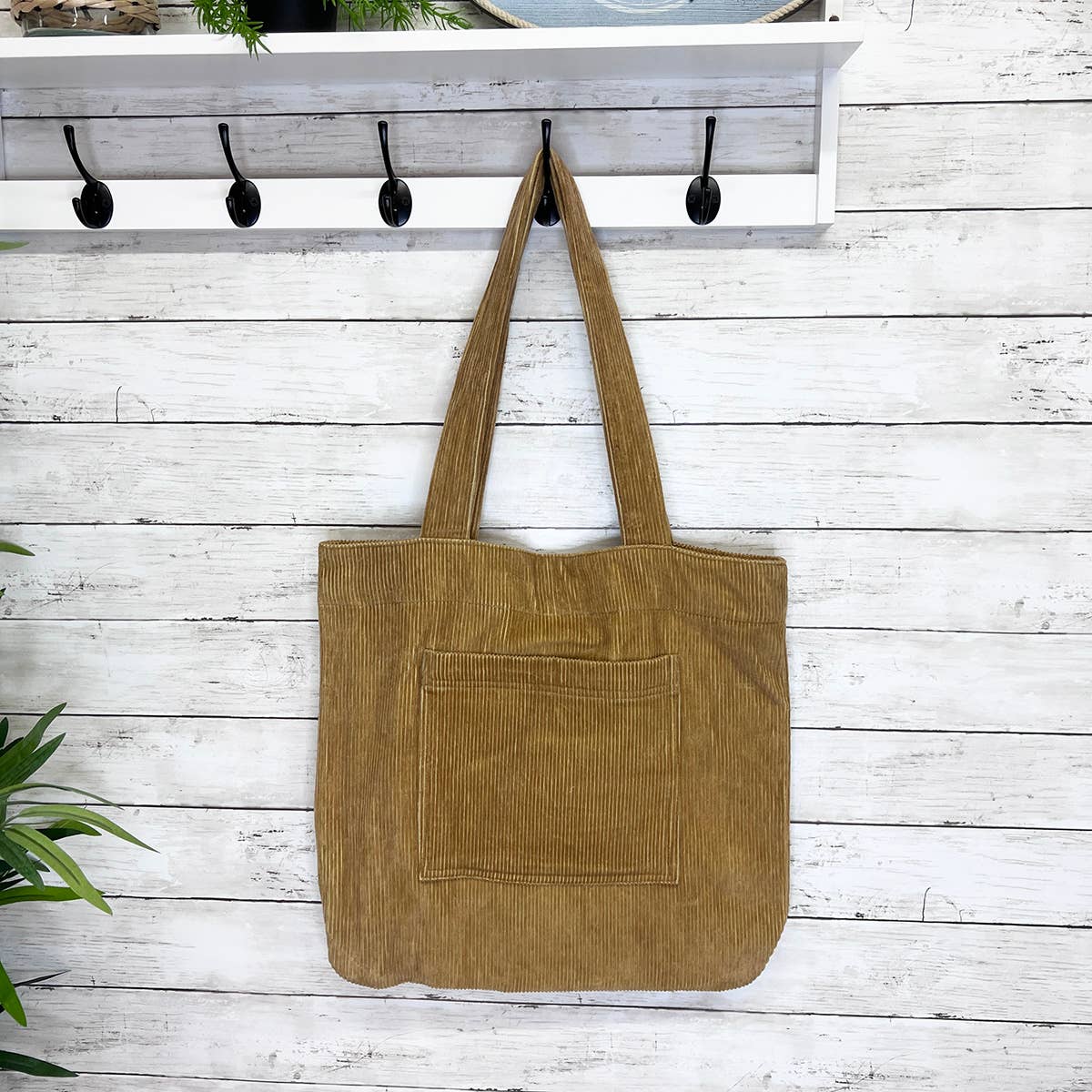 Corduroy Tote Bag with Front Pocket - Camel