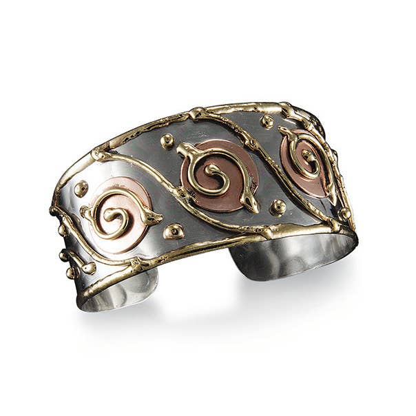 Mixed Metal Cuff Bracelet - Spirals and Circles
