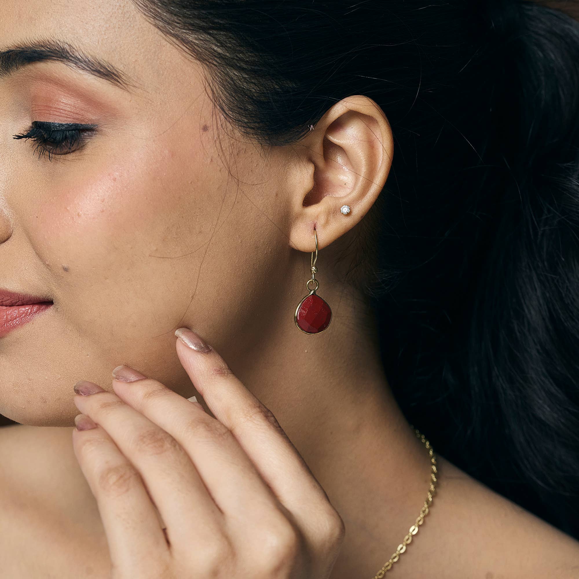 Gold Plated Earrings with Semi-Precious Stone - Red Jasper