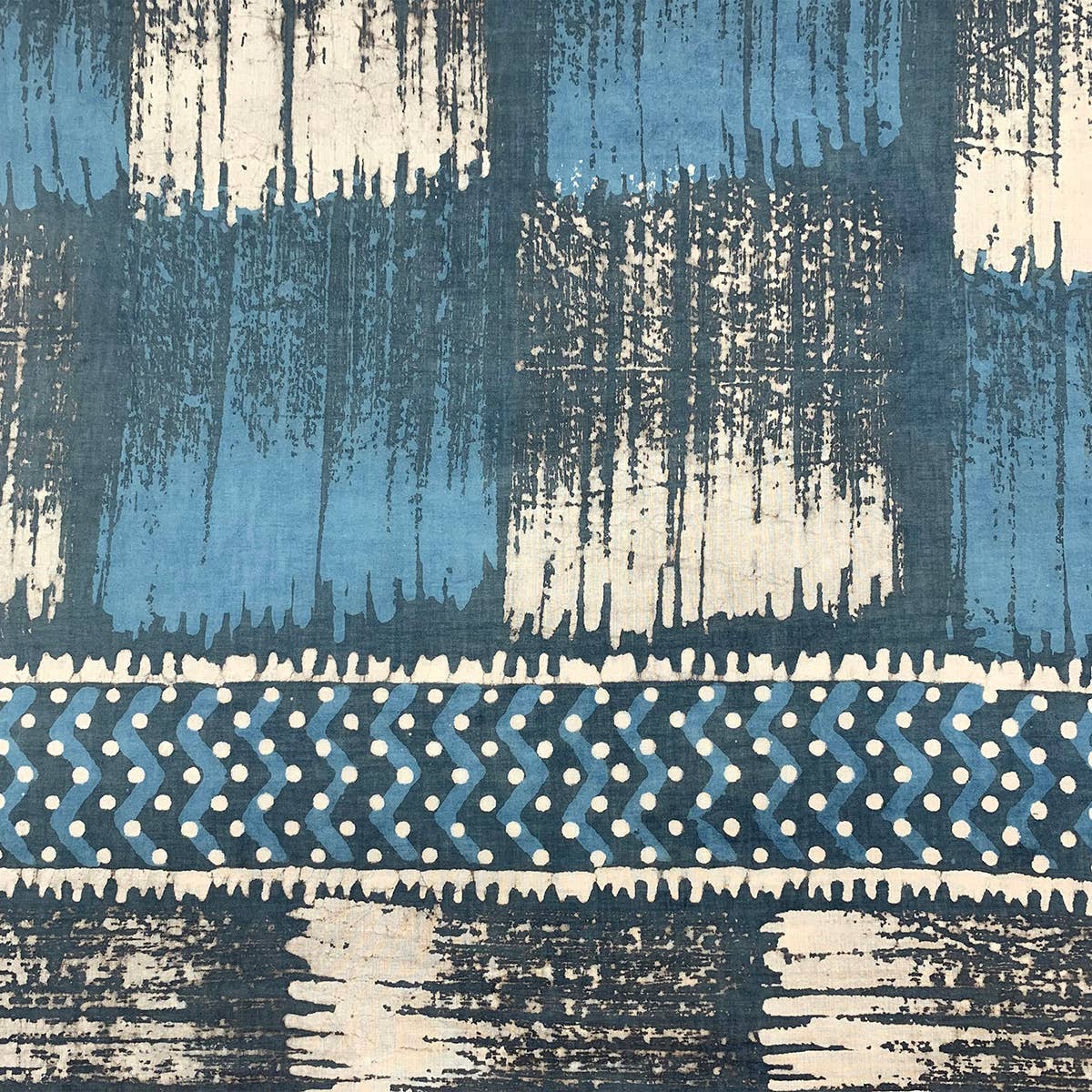 Block Printed Cotton Scarf - Navy and Blue Hatched Squares