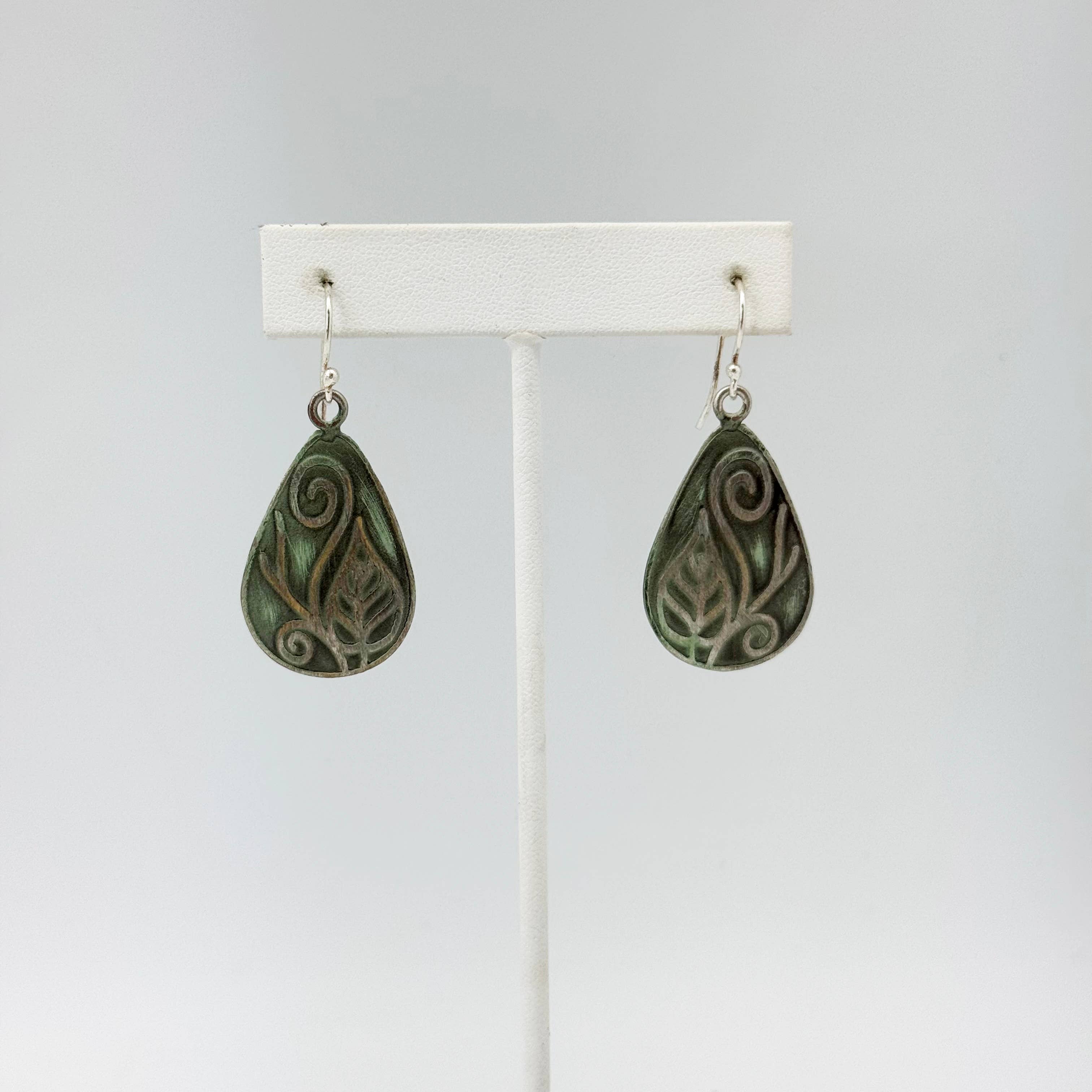 Handcrafted Silver Patina Green Leaf Vine Earrings