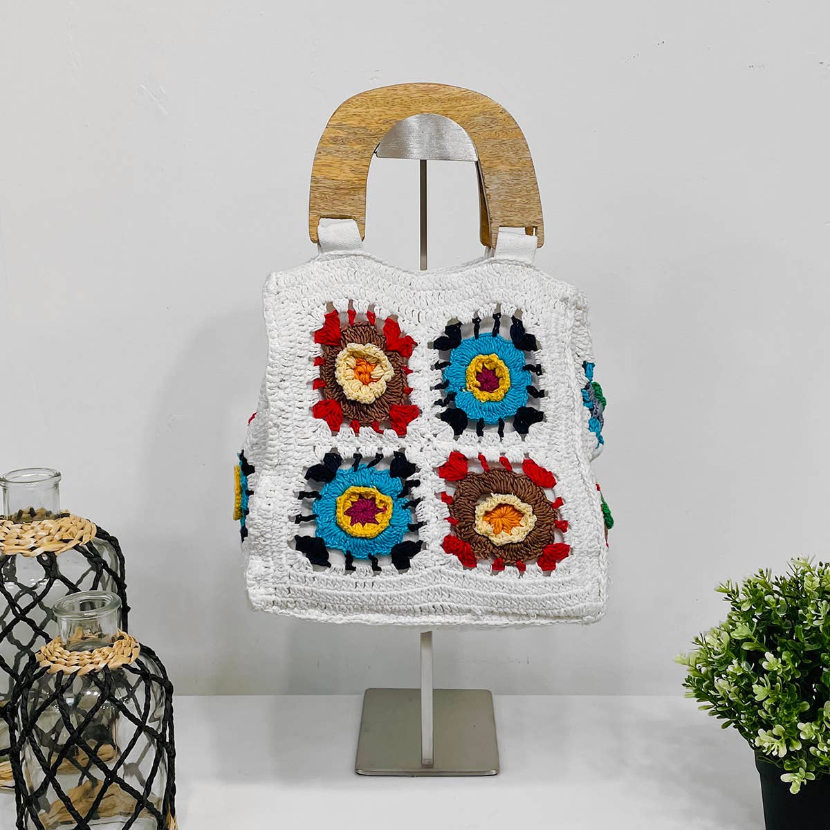 Laya White Cotton Crochet Small Top Handle Mini Bags