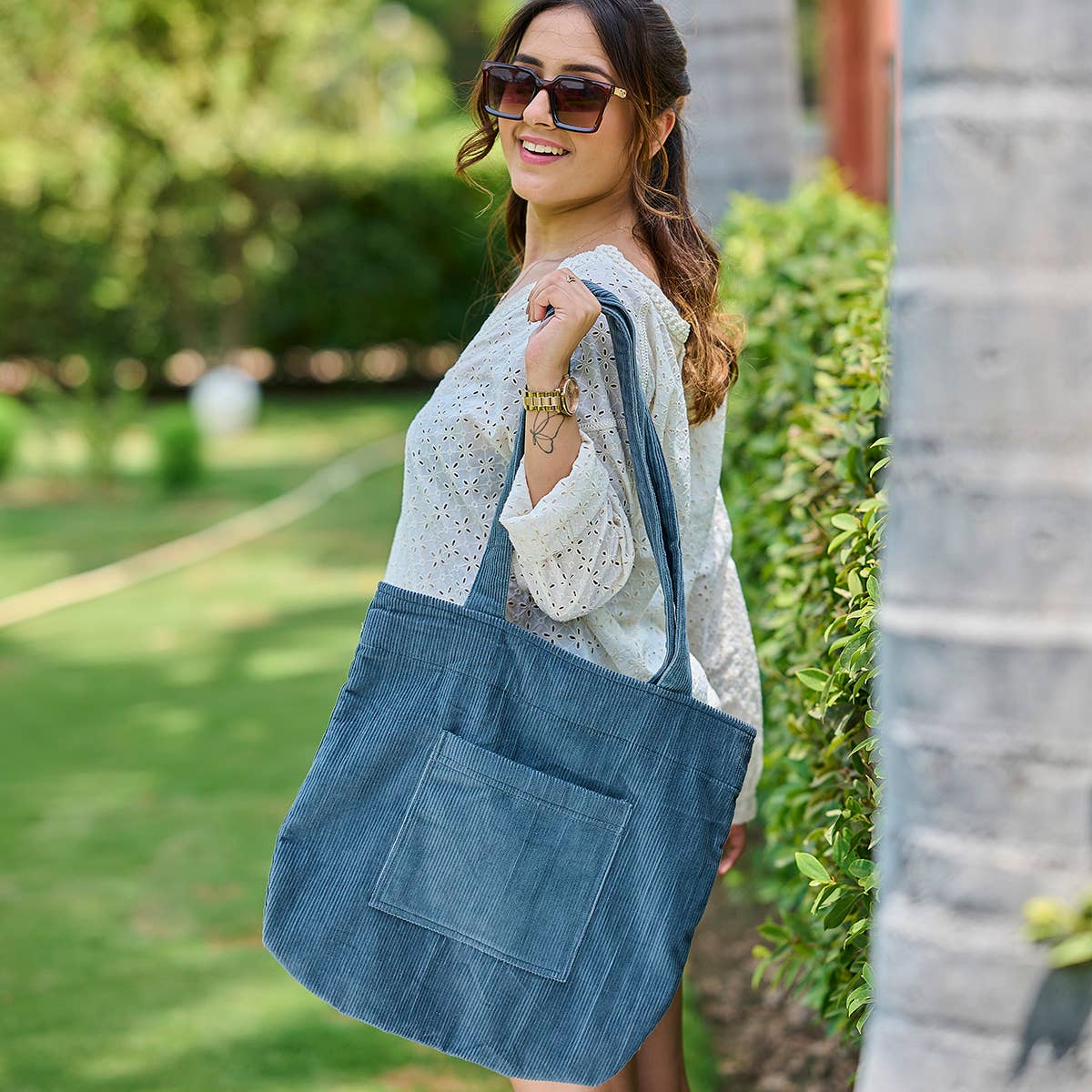 Corduroy Tote Bag with Front Pocket -Steel