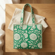 Teal Dan Block-Printed Quilted Mini Tote
